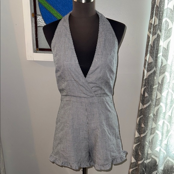 Wild Honey 100% Cotton Gingham Halter Open Back Romper - Picture 2 of 8